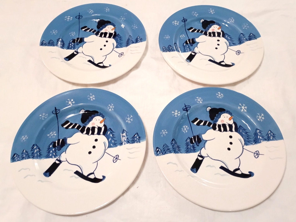 4 Northcrest Hand Painted Christmas Snowman 10 3/4" Dinner Plates Blue Set